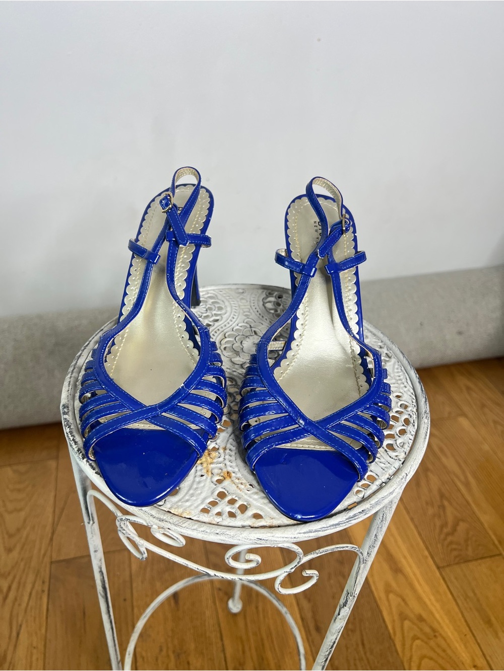 Patent Blue Strappy Women's Heels with Ankle Buckle